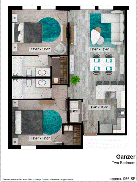 a floor plan of a two bedroom apartment with a bathroom and a terrace